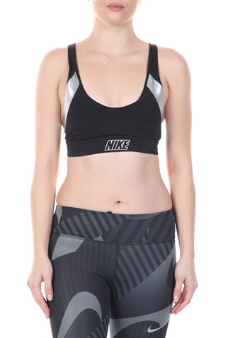 NIKE-Γυναικείο αθλητικό μπουστάκι NIKE INDY METALLIC LOGO BRA μαύρο ασημί