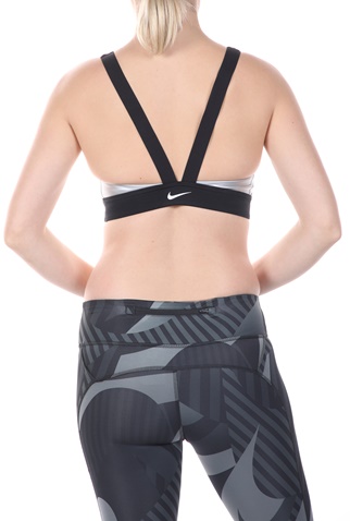 NIKE-Γυναικείο αθλητικό μπουστάκι NIKE INDY METALLIC LOGO BRA μαύρο ασημί