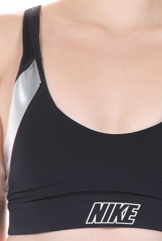 NIKE-Γυναικείο αθλητικό μπουστάκι NIKE INDY METALLIC LOGO BRA μαύρο ασημί