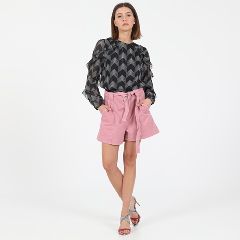 TED BAKER-Γυναικεία μπλούζα TED BAKER WMB-MOWENNA-Jardin Ruffle μαύρη ασημί