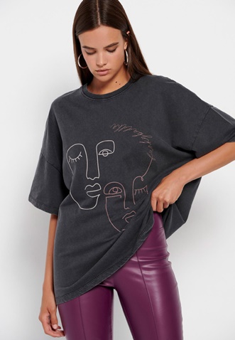 FUNKY BUDDHA-Γυναικείο oversized t-shirt FUNKY BUDDHA garment dyed ανθρακί