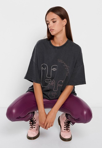 FUNKY BUDDHA-Γυναικείο oversized t-shirt FUNKY BUDDHA garment dyed ανθρακί